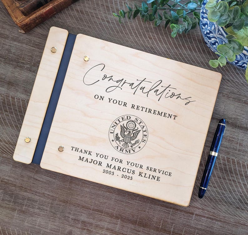 military retirement book in maple, hickory cherry or mahogany wood