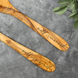 Personalized Custom Rustic Olive Wood Salad Server Set. Unique Engraved Rustic Salad Server Set. New Home Anniversary Wedding Gift image 2