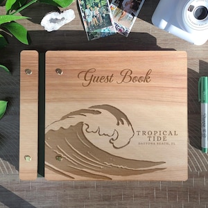Beach House Guest Book - Custom Engraved Ocean Wave Guestbook - Tropical Vacation Rental Welcome Book for Airbnb Vrbo - Visitors Book