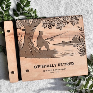 May include: A wooden engraved sign with a silhouette of a person fishing by a lake. The sign reads "O'Fishally Retired Edward Davenport 1995-2025".