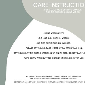 May include: Care instructions for acacia and olive wood cutting boards. Hand wash only, do not submerge in water, do not put in the dishwasher, dry immediately after washing, stand upright to dry, and wipe down with cutting board oil after use.