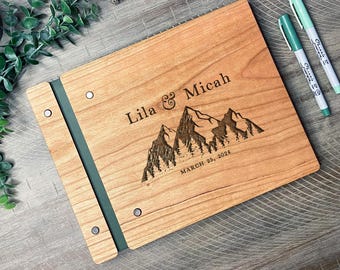 Livre d'or de mariage en montagne, album photo en bois gravé personnalisé, livre de connexion rustique pour les mariés, cadeau souvenir de mariage