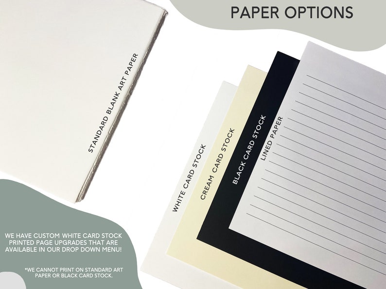 Peut inclure: Image pr&eacute;sentant diff&eacute;rentes options de papier : papier cartonn&eacute; blanc, papier cartonn&eacute; cr&egrave;me, papier cartonn&eacute; noir et papier lign&eacute;. Le texte "PAPER OPTIONS" est en haut. On peut &eacute;galement voir "STANDARD BLANK ART PAPER" et des informations sur les options de papier.