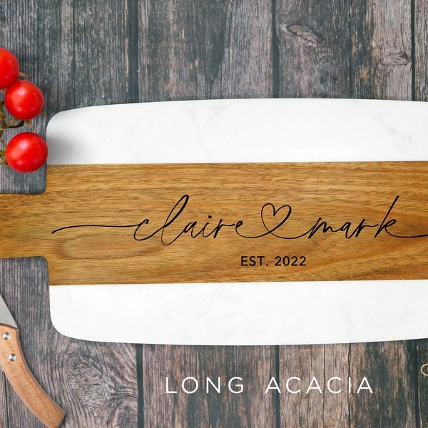 Custom Wedding Gift for Couple,  Housewarming Gift, Charcuterie Board Personalized Acacia Wood Marble Serving Board. Custom Cheese Board