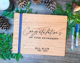 Personalized Retirement Guest Book - Engraved Wood Retiree Keepsake