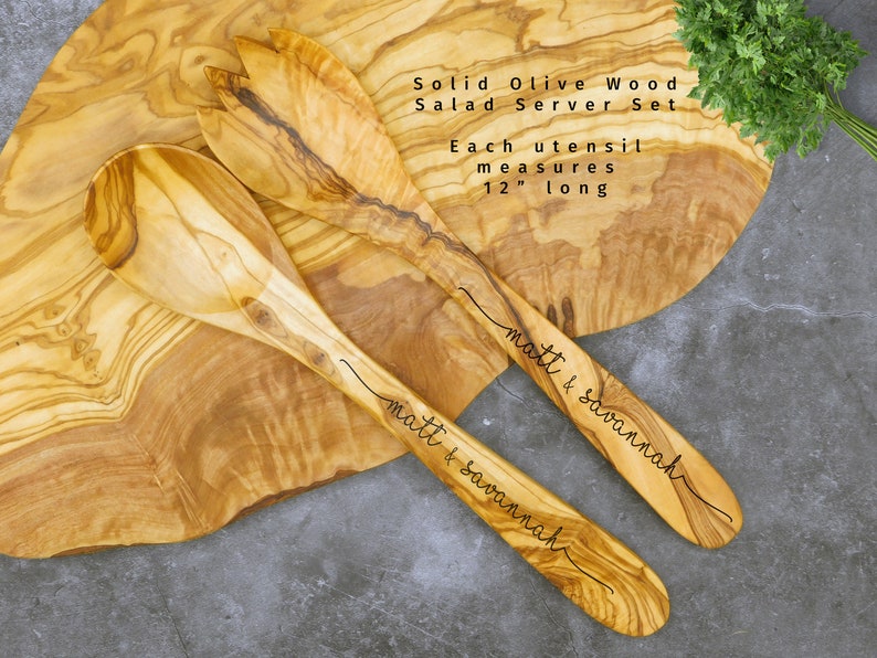 Personalized Custom Rustic Olive Wood Salad Server Set. Unique Engraved Rustic Salad Server Set. New Home Anniversary Wedding Gift image 3