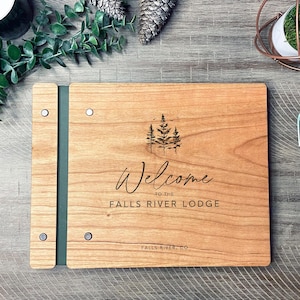 Custom Engraved Guest Book for Cabin Pine Tree Vacation Rental Mountain Lodge Guest Book. Wood Cover Guest Comment Book. AIR BNB Guestbook