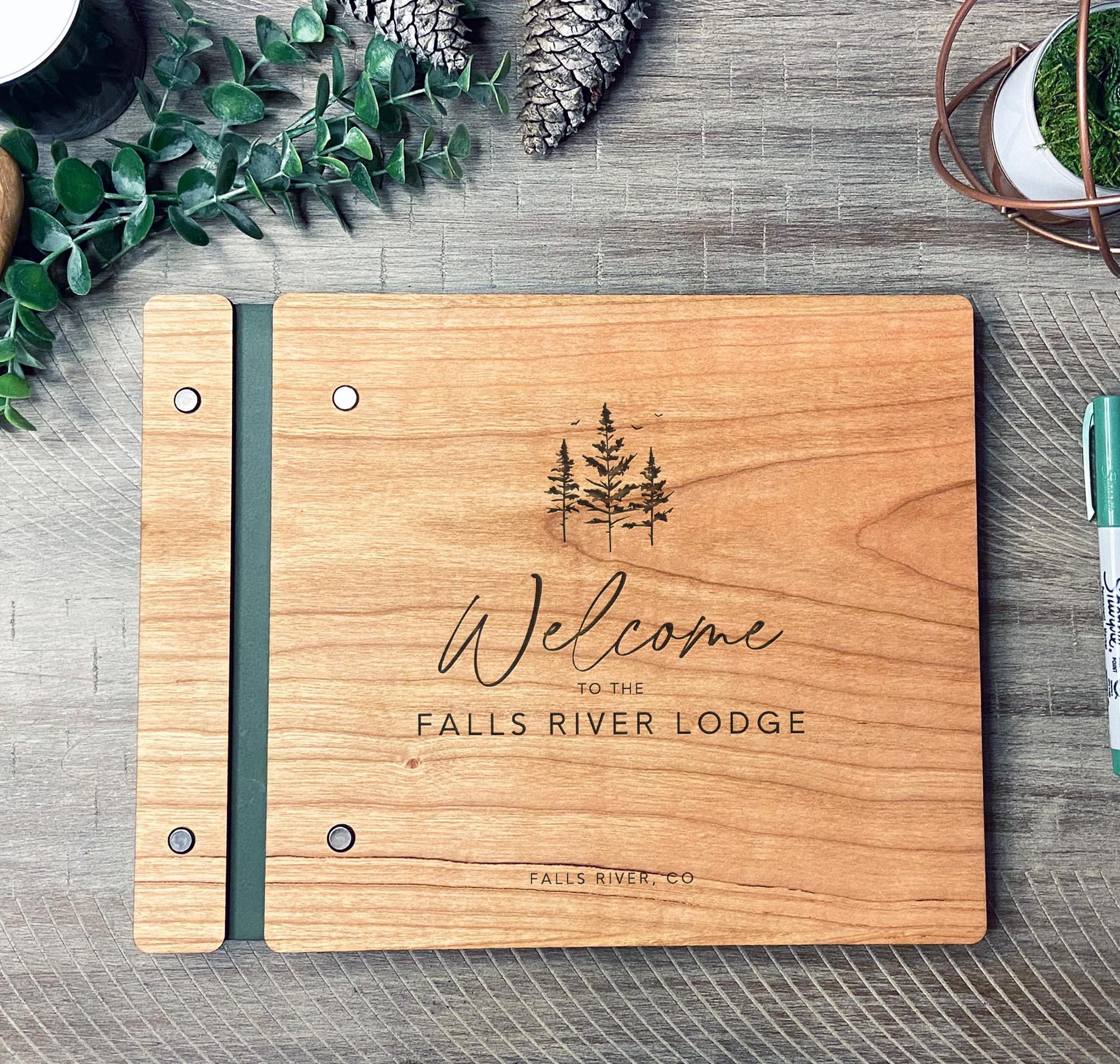 Custom Engraved Guest Book for Cabin Pine Tree Vacation Rental Mountain Lodge Guest Book. Wood Cover Guest Comment Book. AIR BNB Guestbook