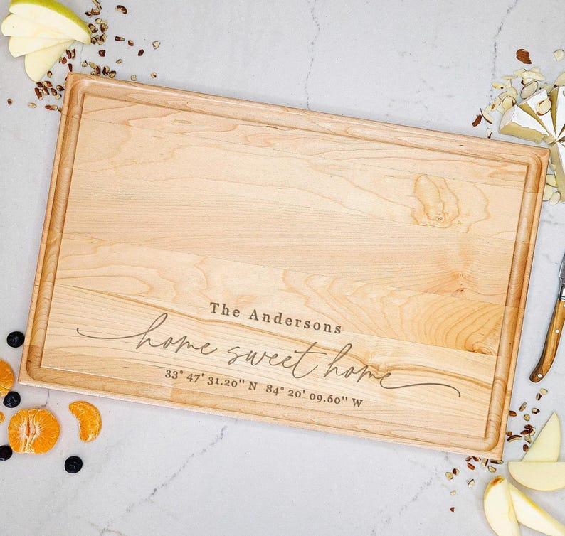 Our First Home Custom Cutting Board - Realtor New Home Closing Gift - Home Sweet Home Housewarming Gift - GPS Coordinate Cutting Board image 5