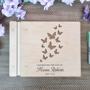 Memorial Guest Book - Butterfly Celebration Of Life Book - Custom Wooden Funeral Guest Book - Personalized Memory Keepsake Photo Album