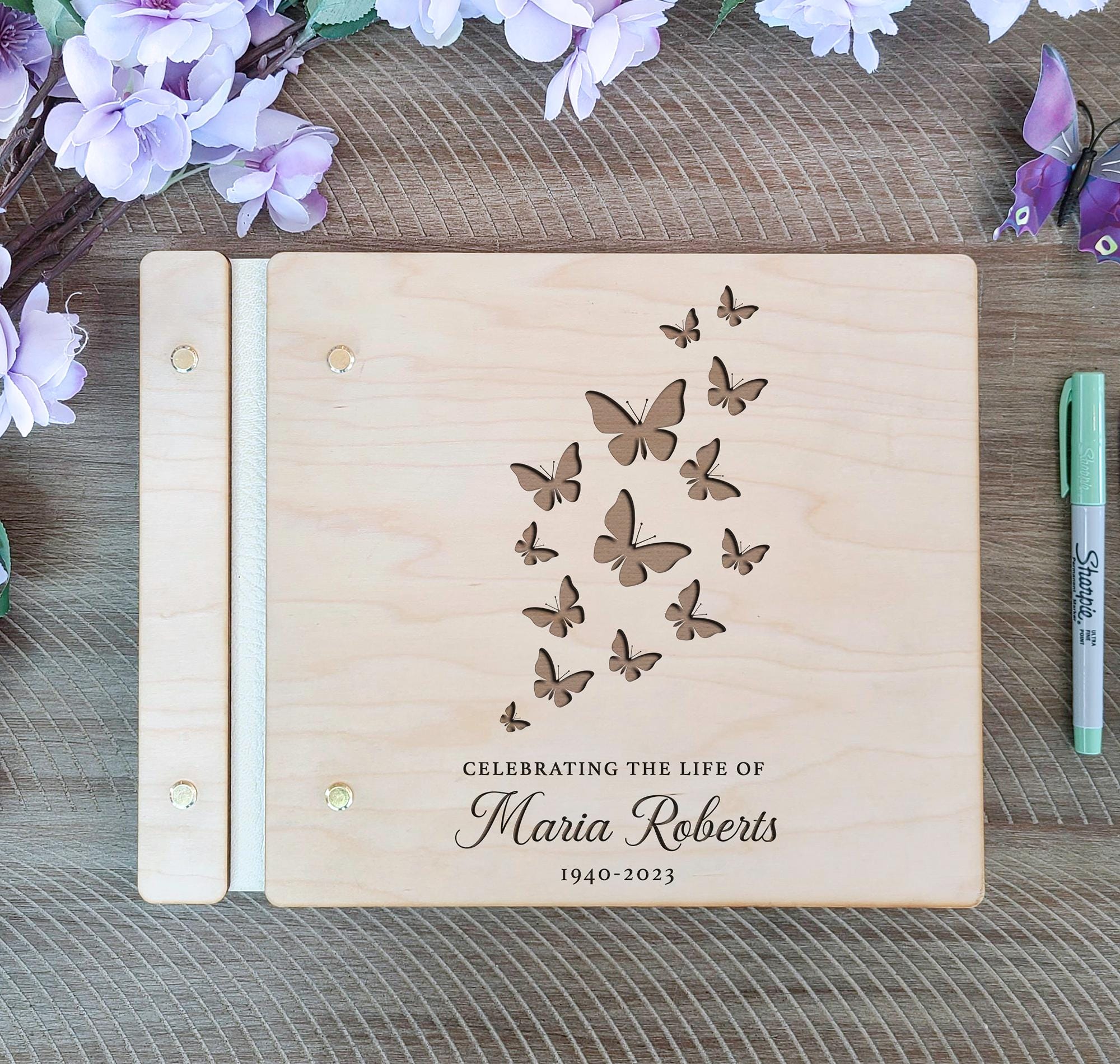 Memorial Guest Book - Butterfly Celebration Of Life Book - Custom Wooden Funeral Guest Book - Personalized Memory Keepsake Photo Album