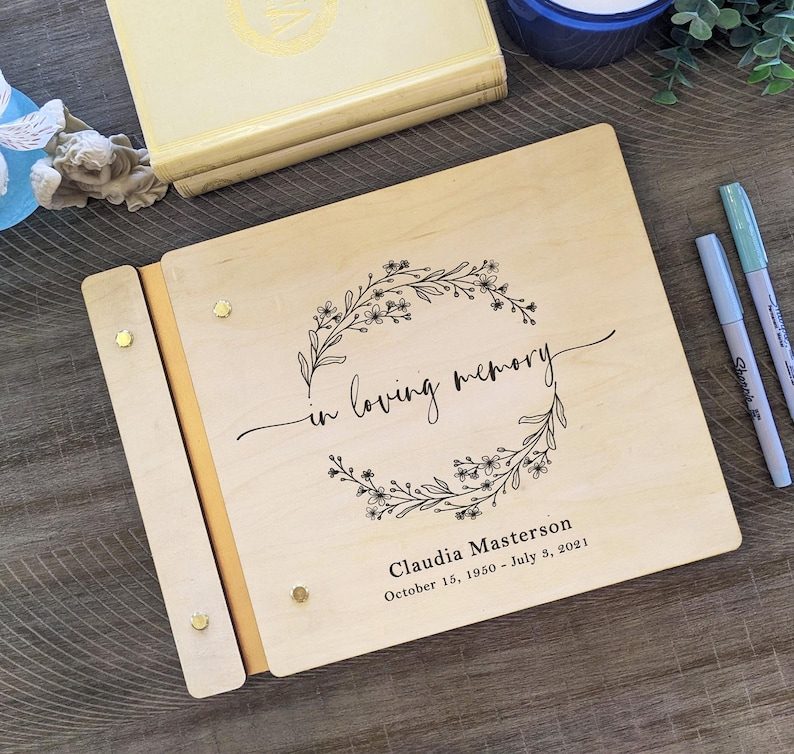 Personalized In Loving Memory Forget Me Not memorial guest book. Custom funeral guestbook.