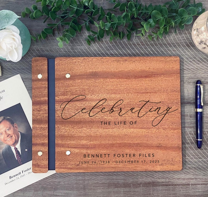 Memorial Guest Book - Custom Celebration Of Life Book - Personalized Wooden Funeral Guestbook - Memorial Book of Condolences Memory Book image 1