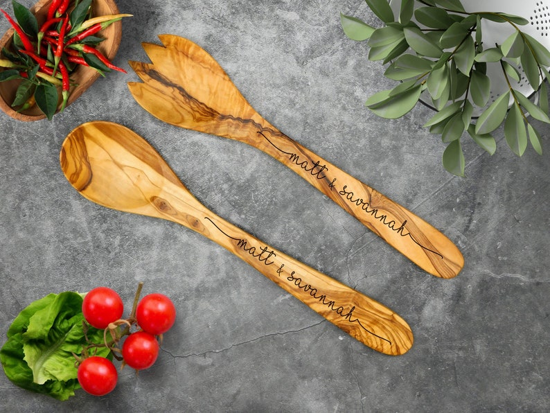 Personalized Custom Rustic Olive Wood Salad Server Set. Unique Etsy