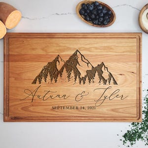 Custom Engraved Hardwood Mountain Cutting Board. Personalized Cutting Board, Engraved Serving Board, Rustic First Home Closing Gift