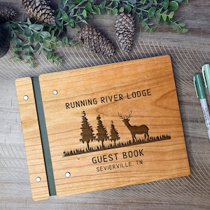 Custom Cabin Guest Book - Vacation Mountain Home - Airbnb Guest Memory Book. Personalized Vrbo Forest Guestbook - Engraved Wooden Guest Book