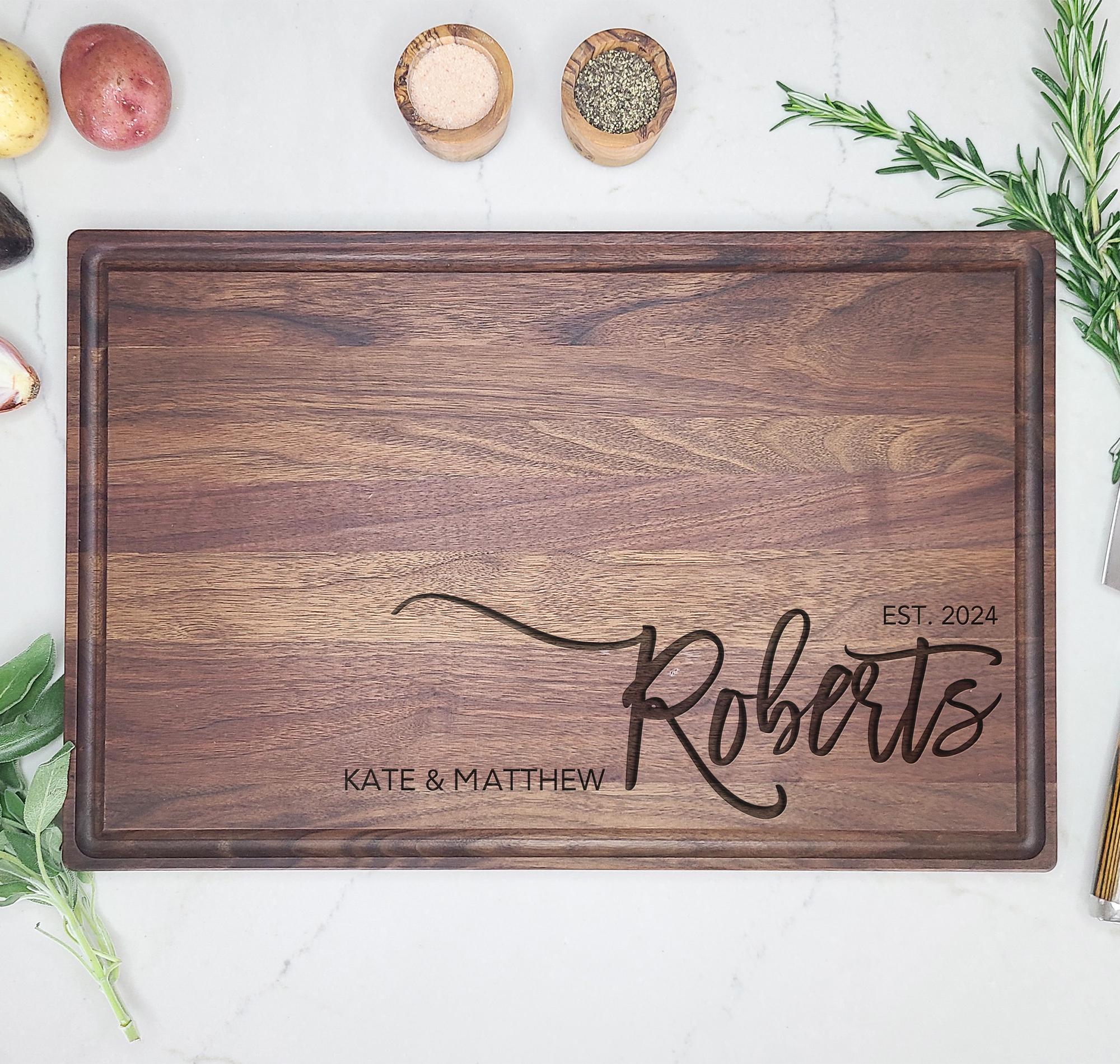 Family Name Personalized Cutting Board - Custom Engraved Wedding Gift - Anniversary Housewarming Gift For Couple - Wooden Kitchen Gift