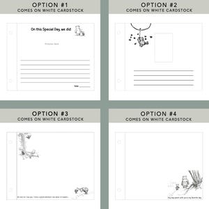 Peut inclure: Quatre pages de carton blanc avec des illustrations et du texte de Winnie l'ourson. L'option 1 indique "En ce jour sp&eacute;cial, nous avons fait :" avec de l'espace pour les photos et une date. Les options 2, 3 et 4 ont des illustrations et du texte.