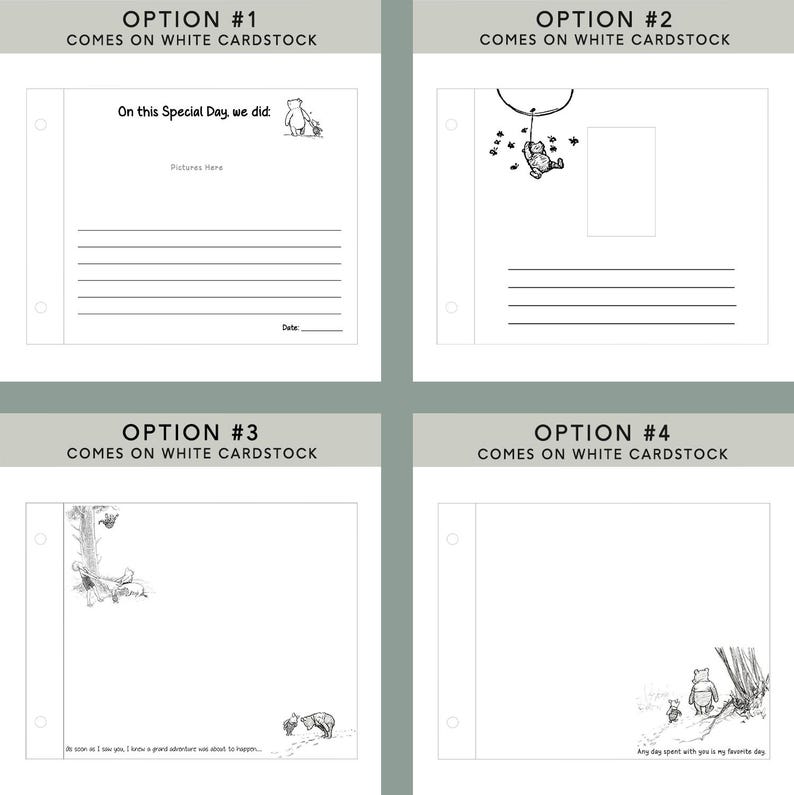 Peut inclure: Quatre pages de carton blanc avec des illustrations et du texte de Winnie l'ourson. L'option 1 indique "En ce jour sp&eacute;cial, nous avons fait :" avec de l'espace pour les photos et une date. Les options 2, 3 et 4 ont des illustrations et du texte.