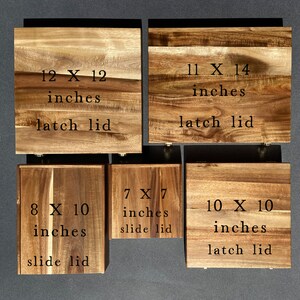 May include: Five wooden boxes with different dimensions and lid types. The boxes are labelled with their size in inches and whether they have a latch or slide lid. The boxes are 12 x 12 inches with a latch lid, 11 x 14 inches with a latch lid, 8 x 10 inches with a slide lid, 7 x 7 inches with a slide lid, and 10 x 10 inches with a latch lid.