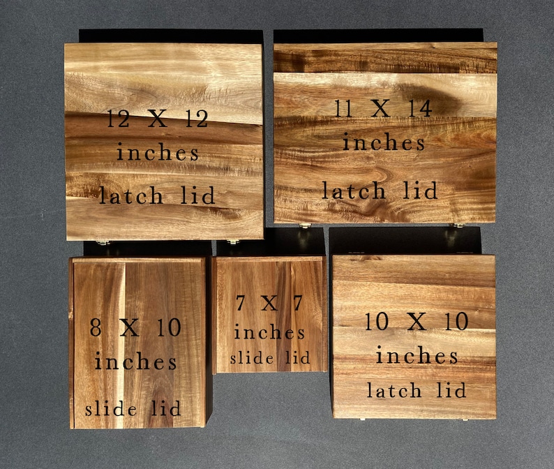 May include: Five wooden boxes with different dimensions and lid types. The boxes are labelled with their size in inches and whether they have a latch or slide lid. The boxes are 12 x 12 inches with a latch lid, 11 x 14 inches with a latch lid, 8 x 10 inches with a slide lid, 7 x 7 inches with a slide lid, and 10 x 10 inches with a latch lid.