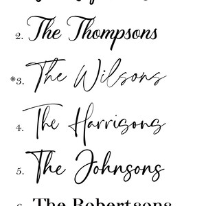 May include: A list of six different font styles for names, with the text "FONT CHOICES" at the top and "ACACIA WOOD & MARBLE BOARD" below. The fonts are numbered 1 through 6, with the third font marked with an asterisk. The text "Please note there is no apostrophe before "s" in last names" is at the bottom of the image, and the text "Font 3 shown in first listing photo" is below that.