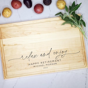 Relax and Enjoy Personalized Cutting Board For Retirement. Retirement Gift for Him or Her.  Custom Retirement Gift