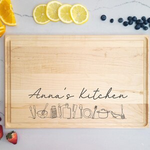 Cutting Board Kitchen Gift with Custom Name and Utensils. Engraved Personalized Cutting Board Kitchen Gift for Her. New Home Gift.