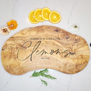Personalized Rustic Olive Wood Cheese Board. Custom Olive Wood Board. Engraved Wood Charcuterie Board. 1st Home Gift