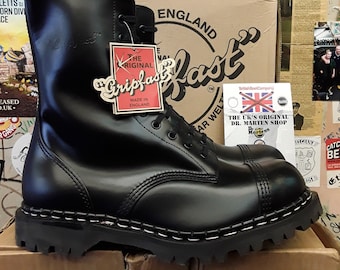 GRIPFAST Vintage 90's, 10 hole Steel Toe, Men's Black boots, Commando Sole, Leather Boots