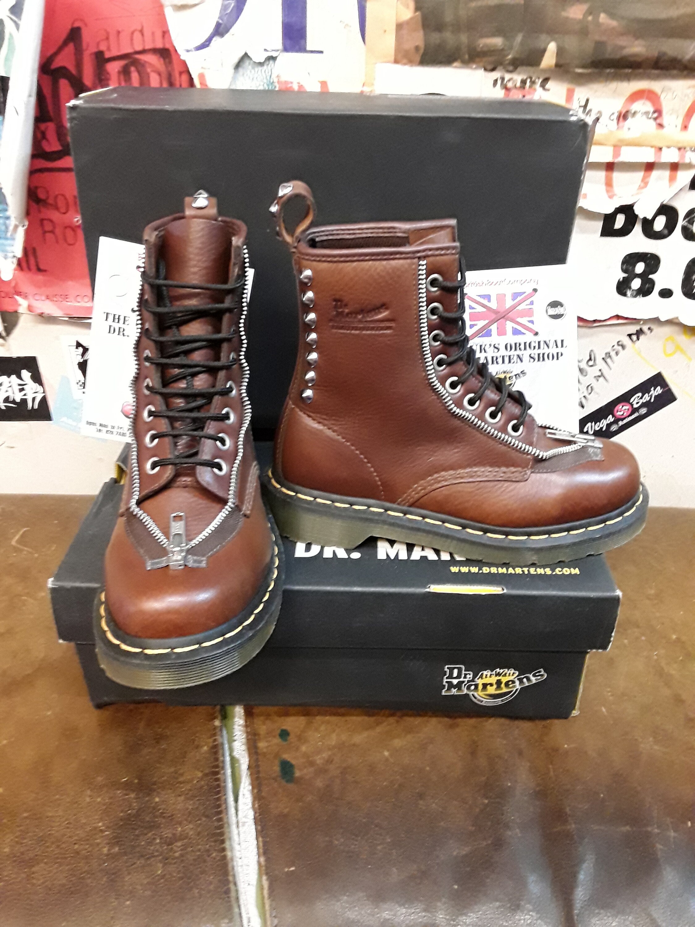 Dr Martens Studded, Brown 8 Hole Ankle Boots, Womens Leather 