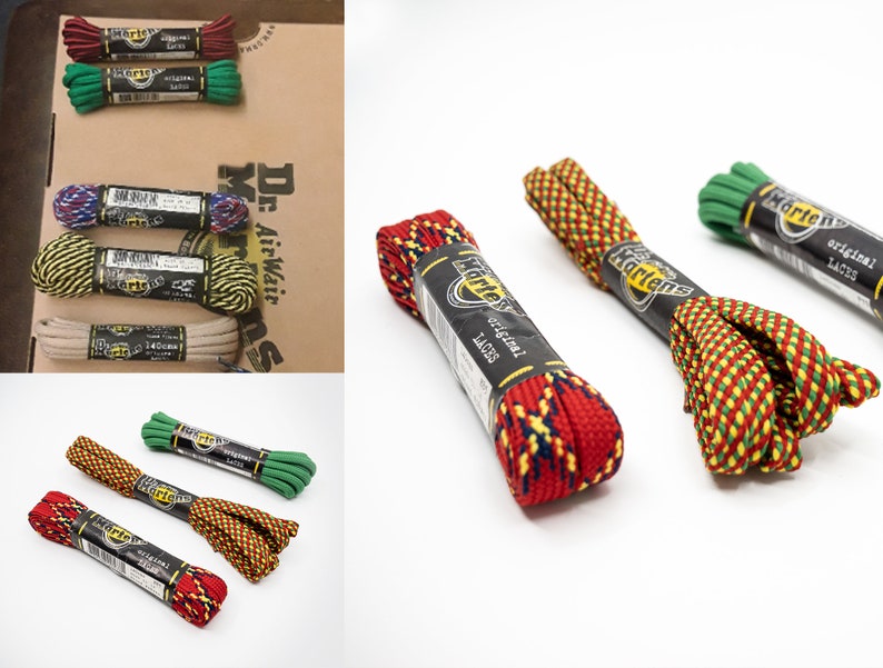 May include: Assortment of Dr. Martens shoelaces in various colors and patterns, including red, green, yellow, and blue. The laces are packaged in plastic and labeled "original laces".