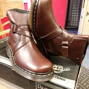 Dr Martens Vintage 80&#39;s, Size UK4, Made in England, Womens Brown Leather Boots, Ankle Boots with Strap and Side Zip