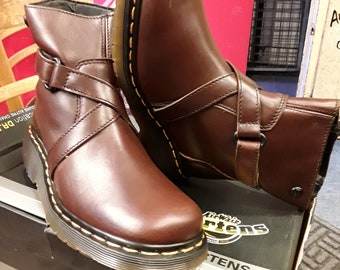 Dr Martens Vintage 80's, Size UK4, Made in England, Womens Brown Leather Boots, Ankle Boots with Strap and Side Zip