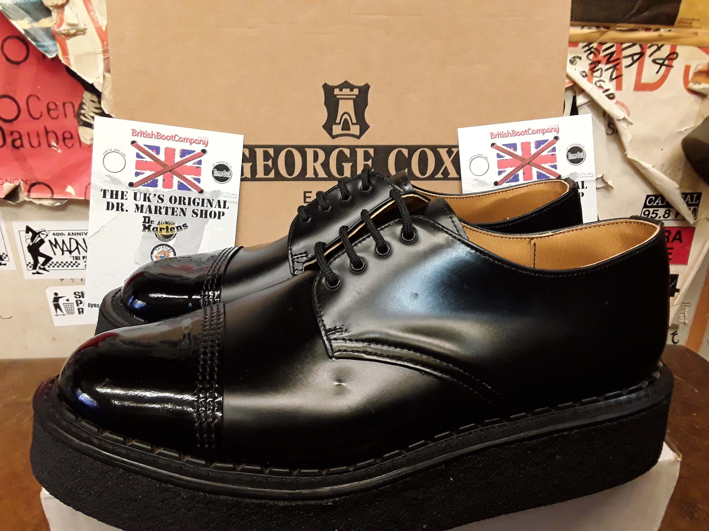 George Cox X Platform Black 4 Hole Patent Capped Oxfords Size