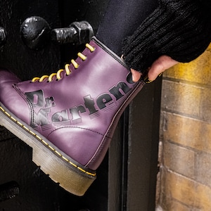 Dr Martens Boots, Size UK4-7, Purple Boots, Women&#39;s Leather Boots / Logo Printed, 8 eye Boots