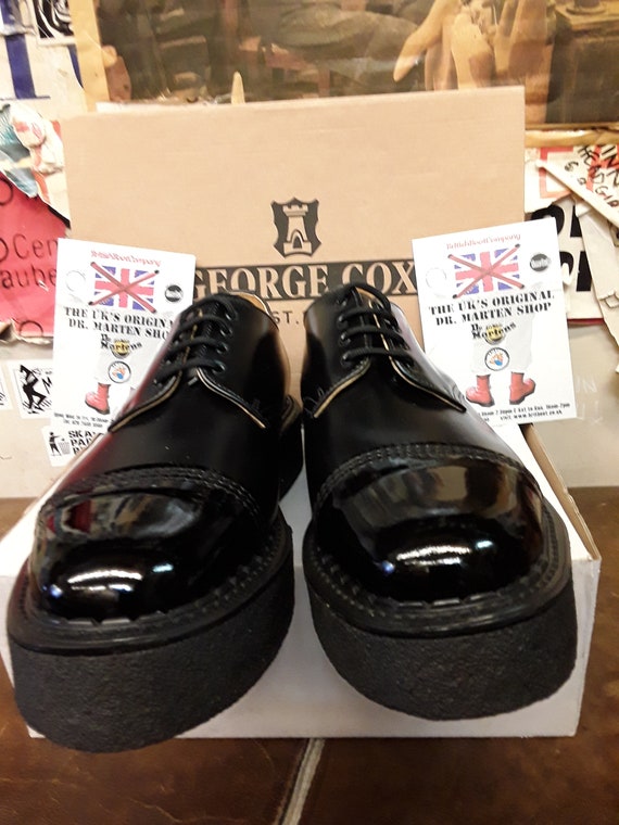 靴 George Cox UK8 Made in England George Cox X Platform Black 4 Hole Patent Capped Oxfords