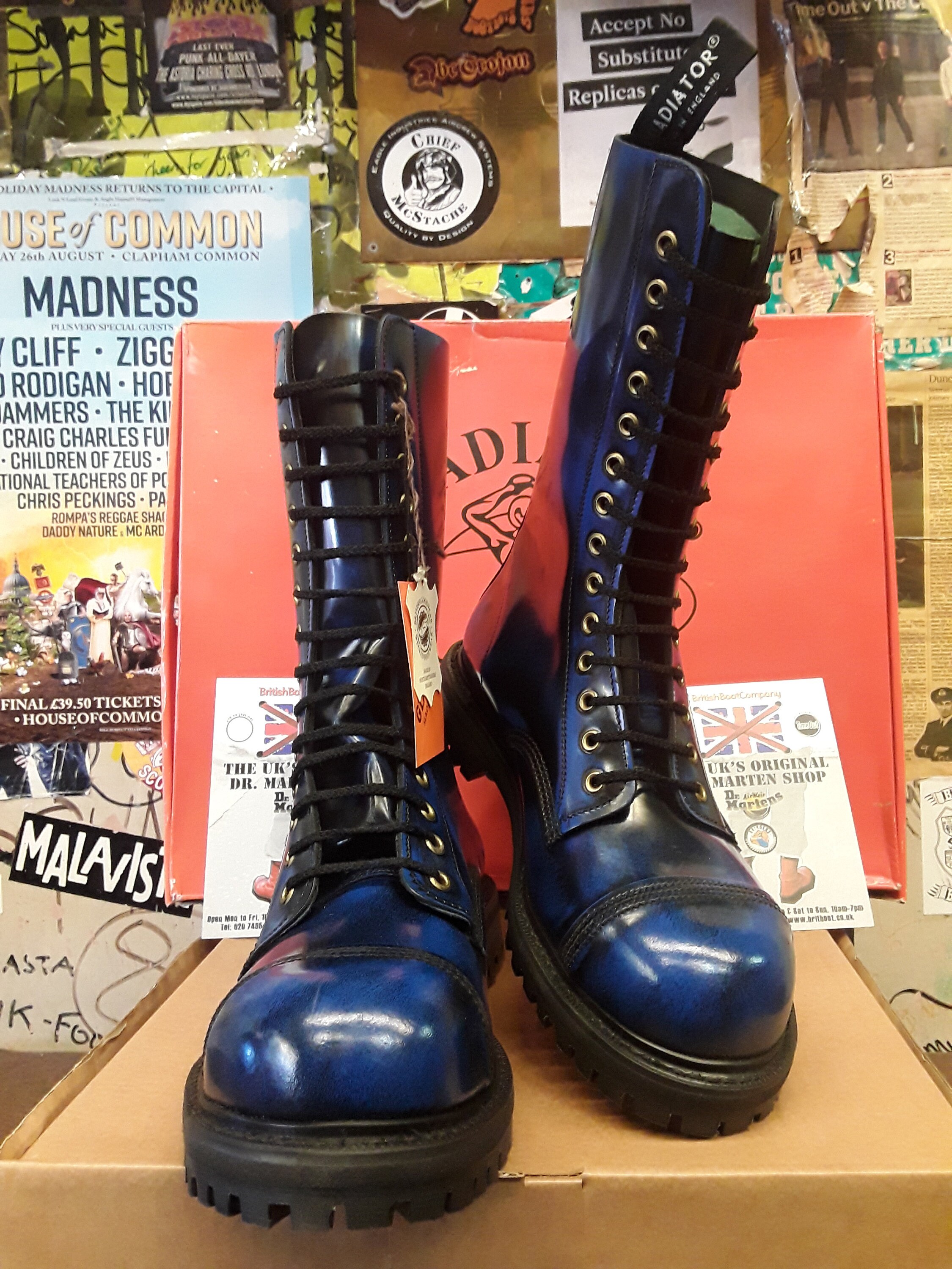 Gladiator Vintage 90 s Size UK9 11 Made in England Steel Toe Boots Blue Rub Off 14 Hole Boots Etsy Canada