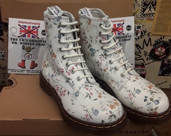 Dr Martens 1460, Größe UK 3,4,8, Weiße Wildblumen Ankle Boots, Damen 8 Loch Stiefel