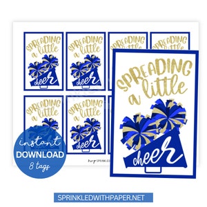 Spreading a little Cheer Printable Tags, Cheer Good Luck Tag, Blue cheer pom poms, Good Luck Big Game Day, Cheer Team Treats, competition