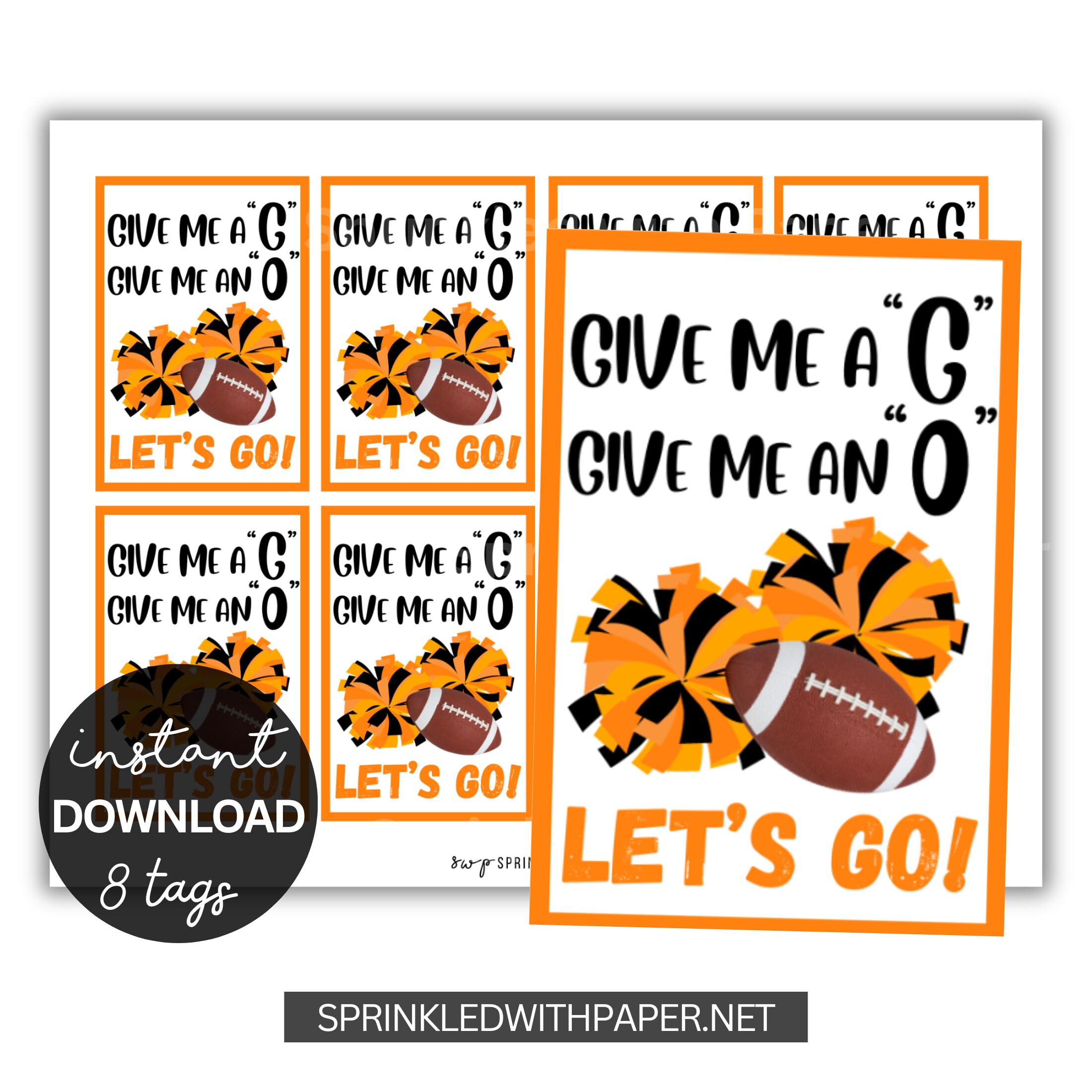 It's Game Day Cheer Printable Tags, Cheer Good Luck Tag, Orange Cheer ...