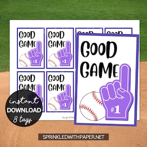 Baseball Team Printable Snack Tags, Baseball Game Treat Tags, Spieltag, gutes Spiel, #1, Schaumfinger, Turnier, Mannschaftssport, Ende der Saison