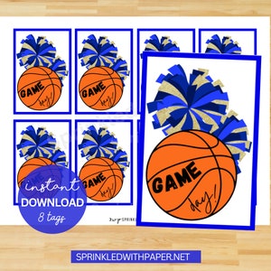 Cheer Game Day Basketball Printable Basketball Tags, Good luck Cheer Tag, blue pom poms, Big Game Day, Cheer Team Treats Basketball