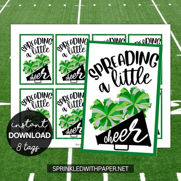 Spreading a little Cheer Printable Tags, cheer pom poms, Team Treats, competition cheer snack bag tags, cheer and football good luck tags