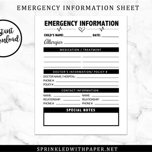 INSTANT DOWNLOAD-Printable -Emergency Information Sheet- Emergency Contact Sheet- Allergy Sheet
