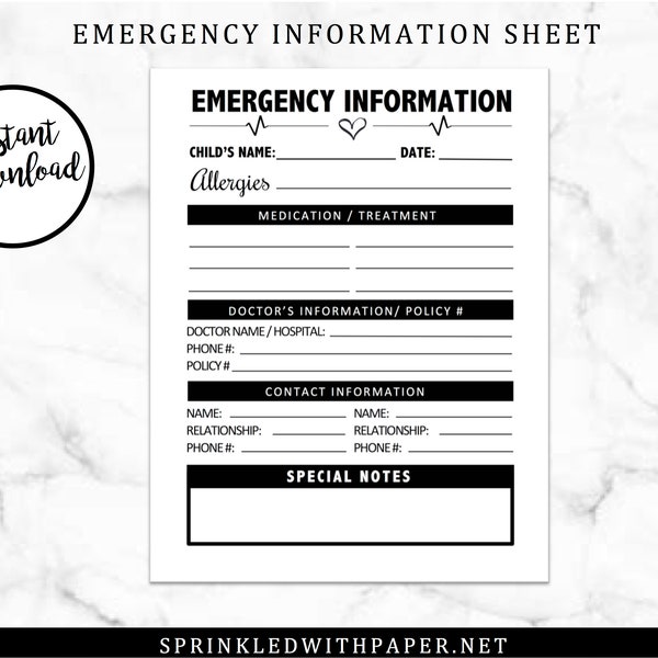 INSTANT DOWNLOAD-Printable -Emergency Information Sheet- Emergency Contact Sheet- Allergy Sheet