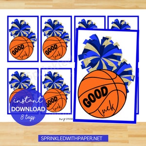 Cheer Good Luck Wydrukowane Tagi Koszykarskie, To Dzień Gry Cheer Tag, Niebieskie Złote Pompony, Powodzenia Wielki Dzień Gry, Zespół Cheer Treats Basketball