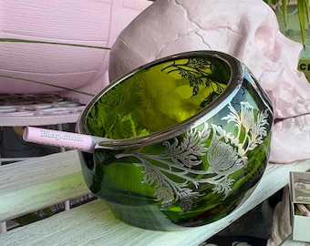 Vintage Green Crystal with Silver Overlay  Glass Ashtray - Retro Smoking Decor | Pirate Girl Smoke Boutique