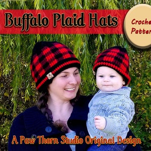 May include: Two people wearing red and black buffalo plaid crochet hats. The hats are crocheted with a black and red plaid pattern. The text "Buffalo Plaid Hats Crochet Pattern" is visible at the top of the image.