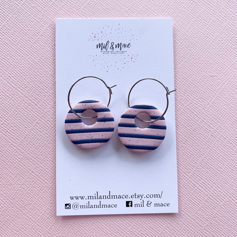 earrings stripes polymer clay colourful earrings Pink and navy stripe hoop dangle earrings statement earrings